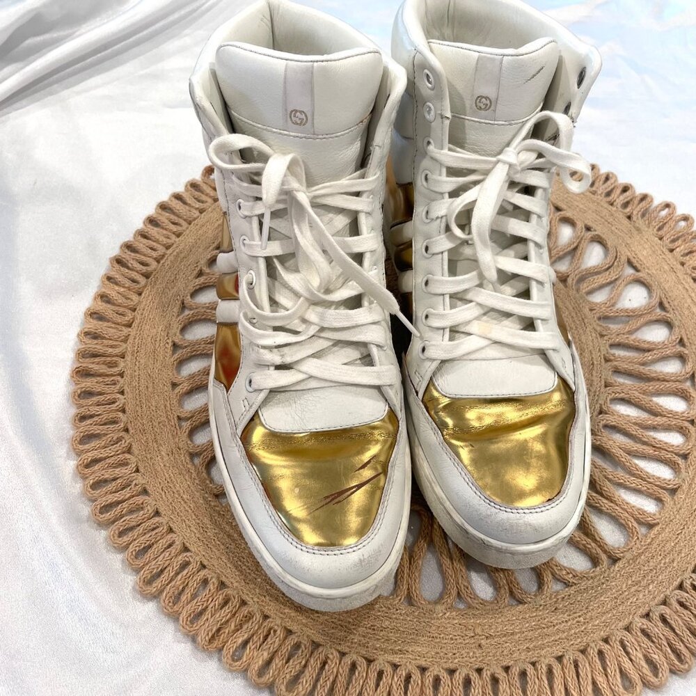 Gucci Signature Padded Leather High White Gold Sneakers EU 40 - Picture 3 of 16